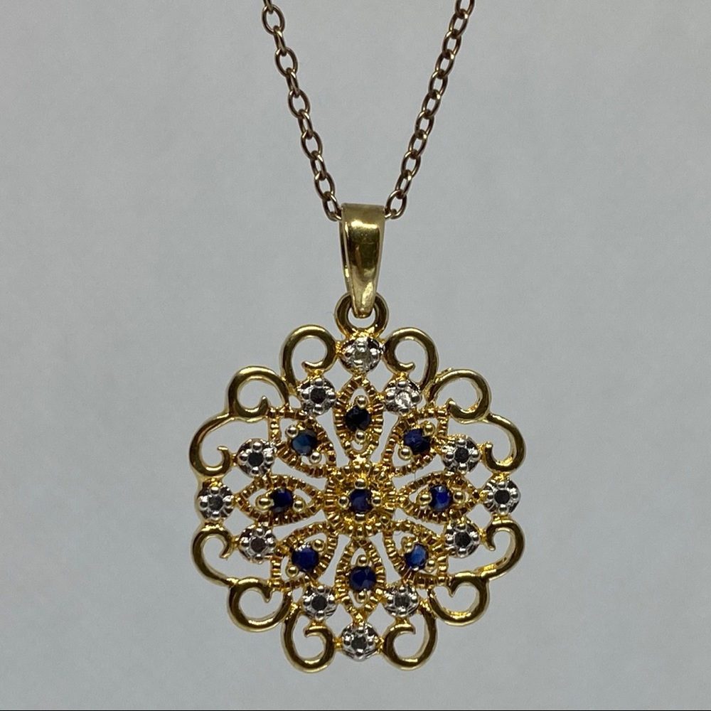 Gold Vermeil Medallion Necklace Faux Sapphires